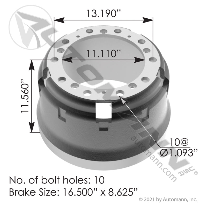 Brake Drum 16.500in X 8.625in | 151.68603BA Automann