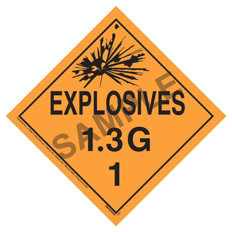 Division 1.3G Explosives Placard - Worded - 4 mil Vinyl, Removable Adhesive | 3848 JJ Keller