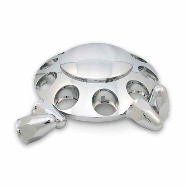 Front Axle Cover Kit with Removable Hubcap & 1 1/2″ Push On Nut Covers – Chrome ABS Plastic Dome Hubcap | THUB-FRP112 Trux Accessories