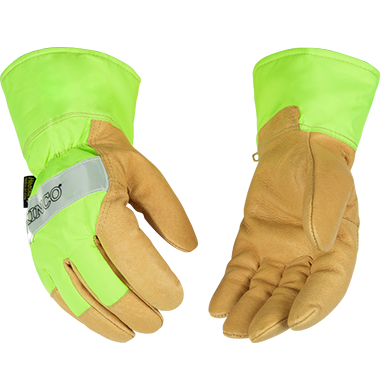 Lined Hi-Vis Green and Grain Pigskin Palm Work Gloves with Safety Cuff Large | 1939 Kinco