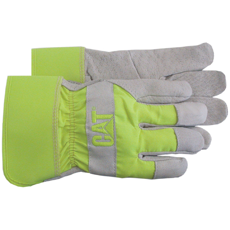 Leather Palm Work Gloves w/Fluorescent Green Back & Rubberized Cuff Large | CAT Merchandise CAT013103L
